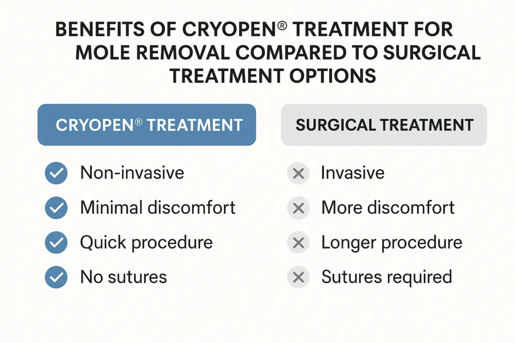 Table to show the benefits of getting moles removed Woolwich from LA LIPO